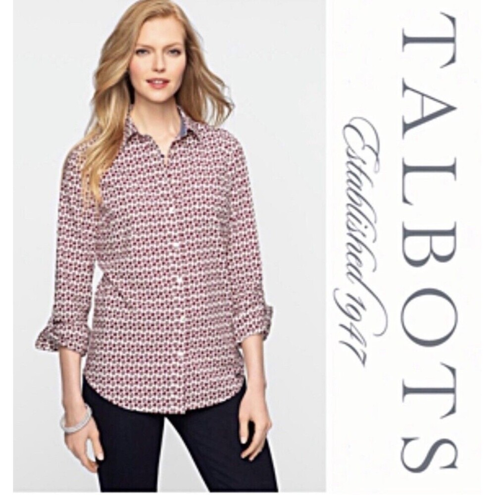 Talbots Women Size 10 Apple Print Roll Tab Sleeve Button Down Shirt Office Boho